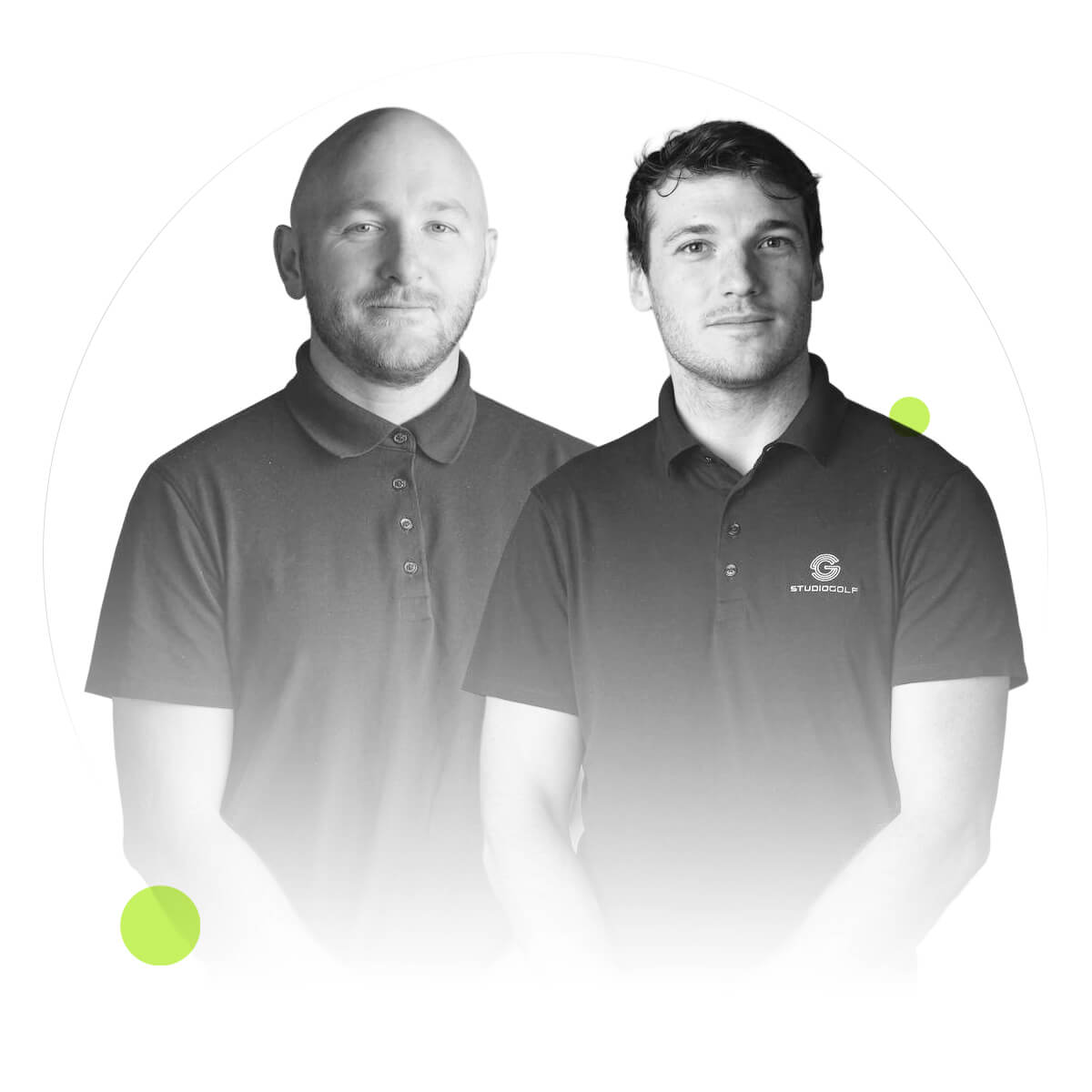 Two Studio Golf coaches wearing branded polos, standing together and ready to guide players with personalized training.